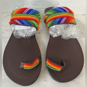 BRAND NEW 100% HANDMADE LEATHER BEADED SANDALS, VIBRANT COLORS GORGEOUS! 8.5